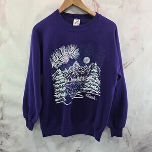 Vintage Sweatshirt Womens Large 90s Tree Winter Snow Montana Lake Mountain Deer